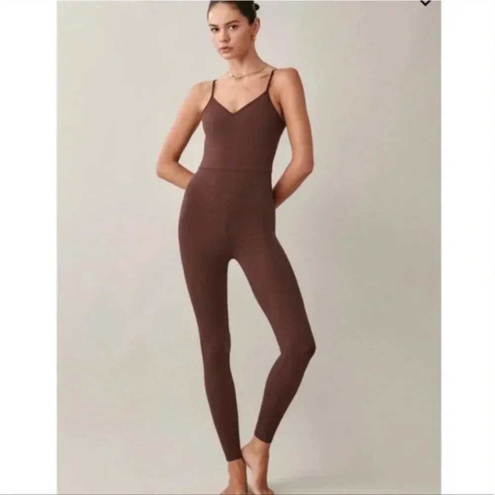 Reformation‎ EcoStretch Jumpsuit Brown V-Neck Bodysuit Small